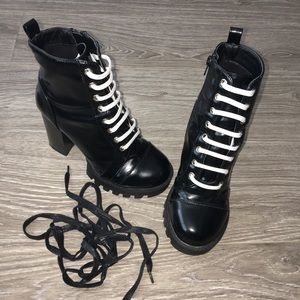 Black faux leather platform ankle boots